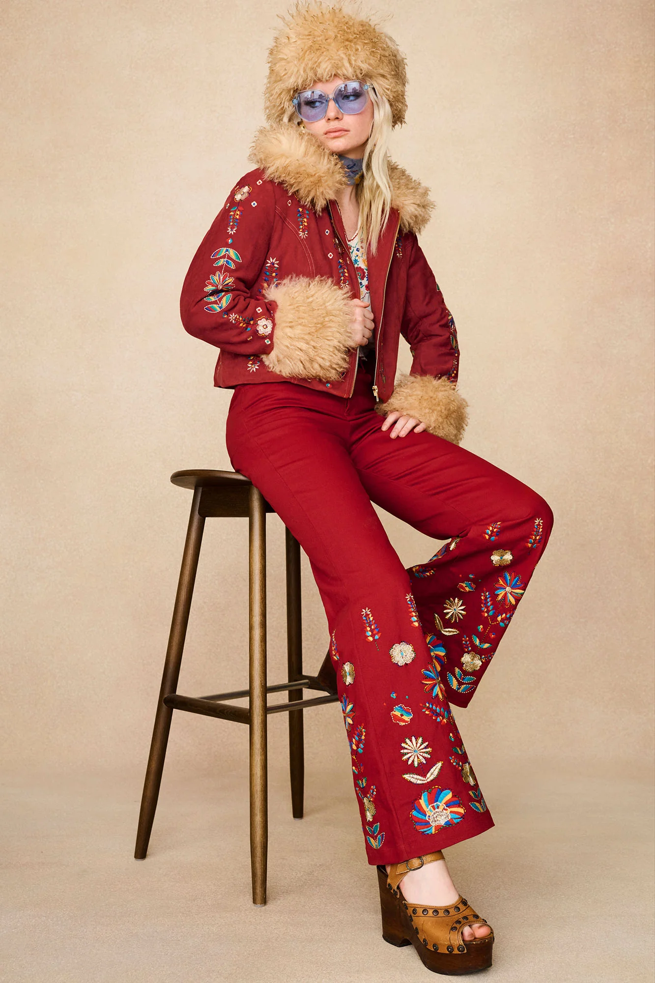 Crimson Echo Red Embroidered Flared Trousers - Image 10