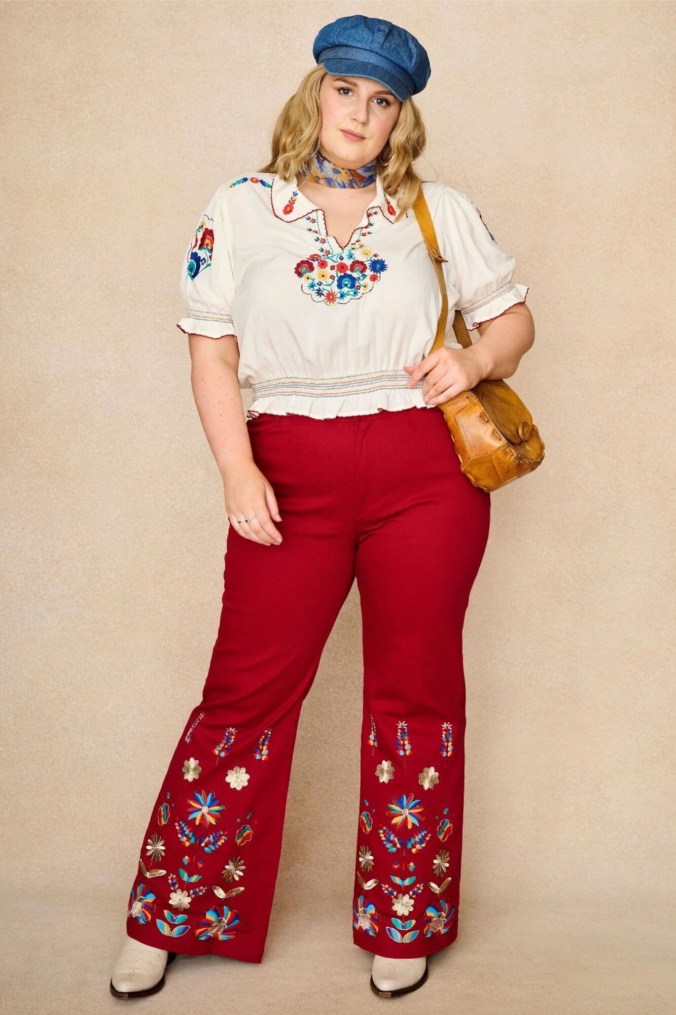 Crimson Echo Red Embroidered Flared Trousers - Image 5