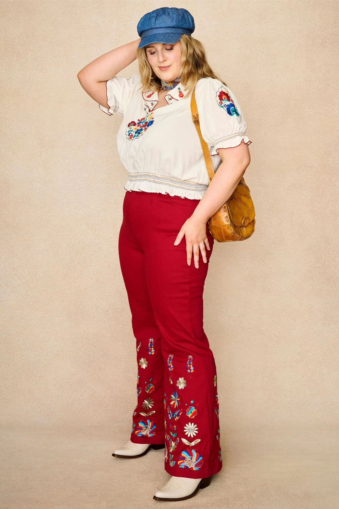Crimson Echo Red Embroidered Flared Trousers - Image 8